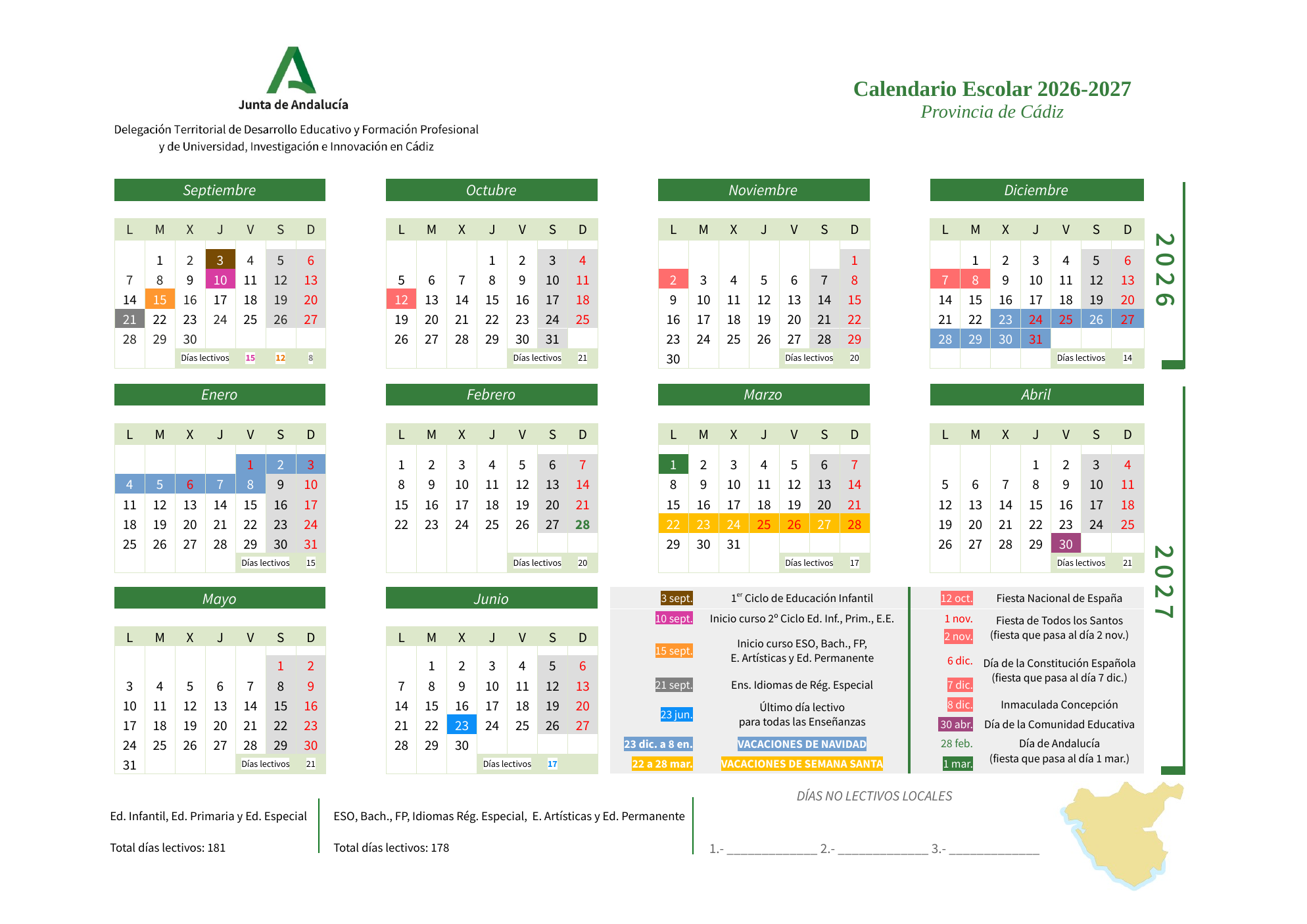 Calendario escolar 2026-2027 (provincia de Cádiz)